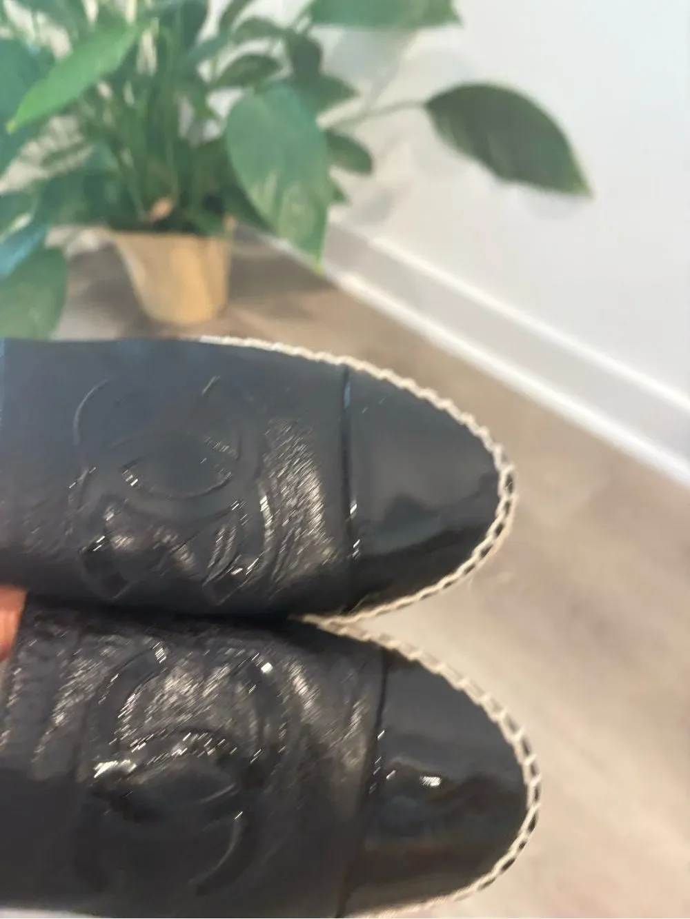 CHANEL Black Leather & Patent Espadrille Mule slide on